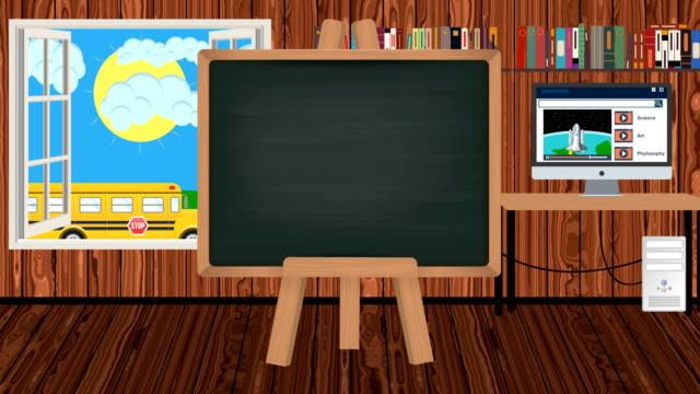 Pizarra-de-dibujos-animados-en-un-aula-de-niños-con-un-autobús-escolar