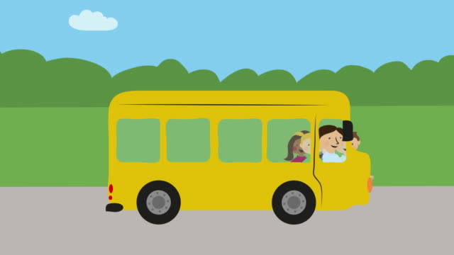 Schulbus-mit-Kindern-fahren-bei-Sonne-und-Regen