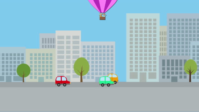 Heißluftballon-mit-Jungen-und-Mädchen,-die-über-die-Stadt-fliegen