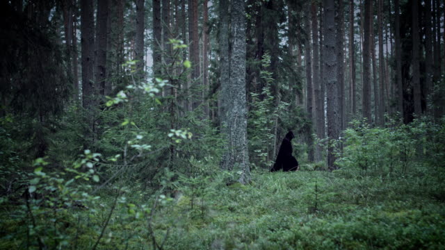 4K-Halloween-Horror-Man-Walking-In-Forest-with-Black-Cape