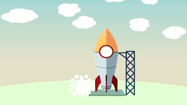 Animation-Abbildung-Rakete-flach-ist-fliegen-in-den-Himmel-und-werfen-auf-die-Raum-siehe-die-neuen-Planeten,-Projektstart-für-kreative-Geschäftsidee-erfolgreich-starten.-Für-Innovation-Produkt-und-neue-Idee.