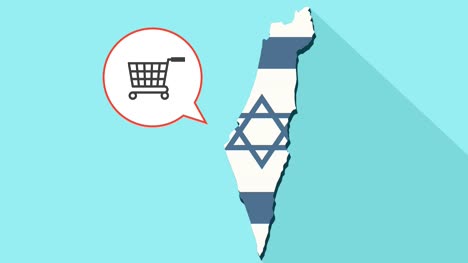 Animation-of-a-long-shadow-Israel-map-with-its-flag-and-a-comic-balloon-with-shopping-cart