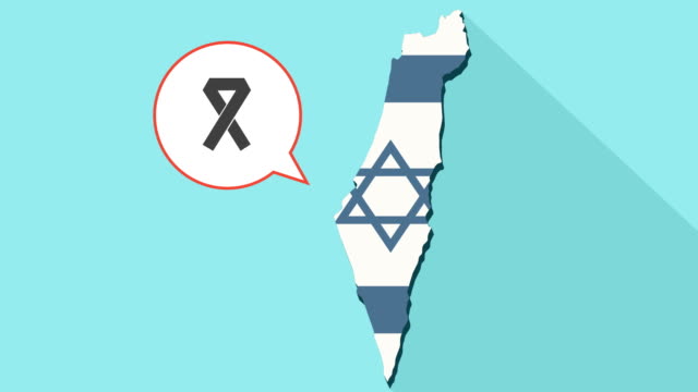 Animation-einer-langen-Schatten-Israel-Karte-mit-seiner-Flagge-und-eine-Comic-Sprechblase-mit-einer-Schleife