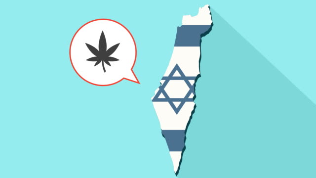 Animation-einer-langen-Schatten-Israel-Karte-mit-seiner-Flagge-und-eine-Comic-Sprechblase-mit-einem-Marihuanablatt