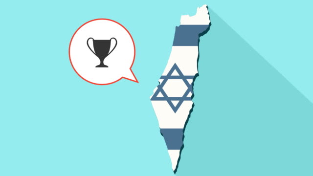 Animation-einer-langen-Schatten-Israel-Karte-mit-seiner-Flagge-und-eine-Comic-Sprechblase-mit-einer-Trophäe