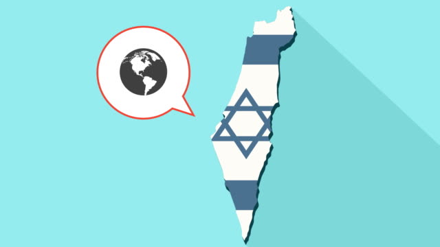 Animation-einer-langen-Schatten-Israel-Karte-mit-seiner-Flagge-und-eine-Comic-Sprechblase-mit-einer-Weltkugel
