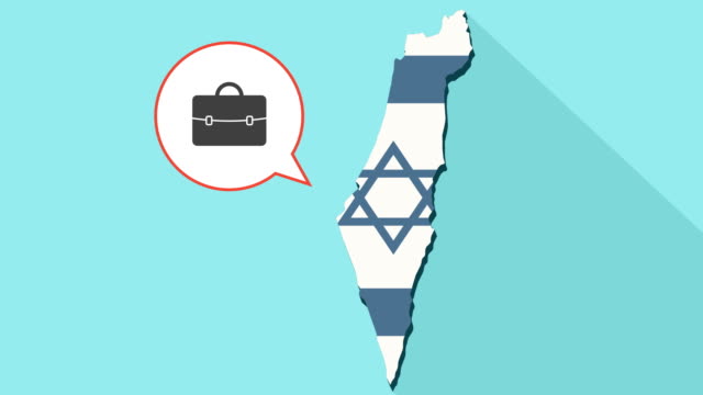 Animation-einer-langen-Schatten-Israel-Karte-mit-seiner-Flagge-und-eine-Comic-Sprechblase-mit-einer-Aktentasche