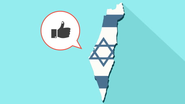Animation-einer-langen-Schatten-Israel-Karte-mit-seiner-Flagge-und-ein-Comic-Sprechblase-mit-dem-Daumen,-Hand---wie
