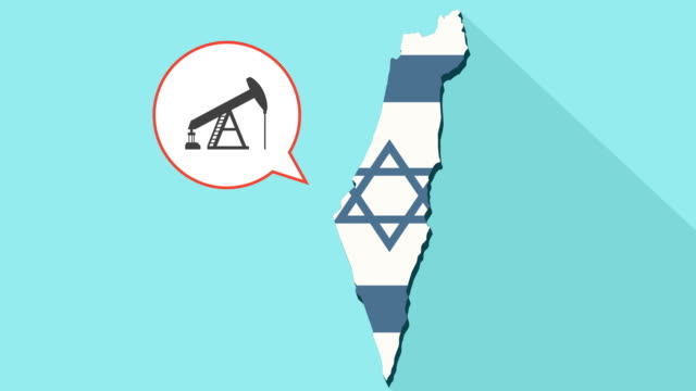 Animation-einer-langen-Schatten-Israel-Karte-mit-seiner-Flagge-und-eine-Comic-Sprechblase-mit-einem-Pferdekopf-Pumpe