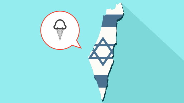 Animation-einer-langen-Schatten-Israel-Karte-mit-seiner-Flagge-und-eine-Comic-Sprechblase-mit-einer-Eiswaffel