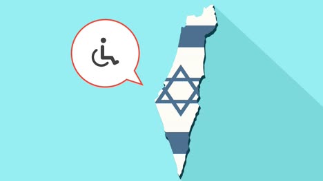 Animation-of-a-long-shadow-Israel-map-with-its-flag-and-a-comic-balloon-with-a-human-figure-in-a-wheelchair-icon