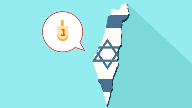 Animation-einer-langen-Schatten-Israel-Karte-mit-seiner-Flagge-und-ein-Comic-Ballon-mit-einem-Dreidel-Symbol
