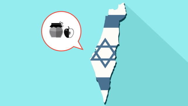 Animation-of-a-long-shadow-Israel-map-with-its-flag-and-a-comic-balloon-with-a-honey-jar-and-apple