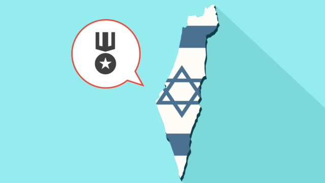 Animation-einer-langen-Schatten-Israel-Karte-mit-seiner-Flagge-und-eine-Comic-Sprechblase-mit-einer-Medaille