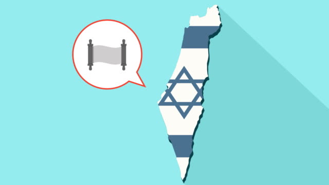 Animation-einer-langen-Schatten-Israel-Karte-mit-seiner-Flagge-und-eine-Comic-Sprechblase-mit-einer-Tora-Rolle