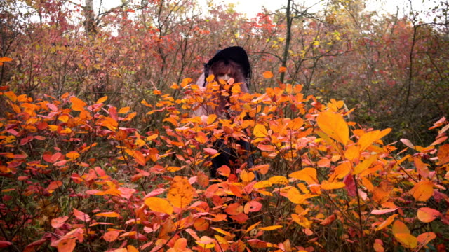 Jóvenes-rosa-pelo-bruja-en-el-bosque-místico-del-otoño.-Preparación-de-Halloween.