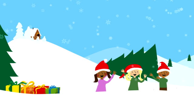 Niños-en-el-paisaje-cubierto-de-nieve.-Felicitación-de-Navidad-animado.