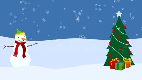 Winterlandschaft-mit-Weihnachtsbaum-und-Schneemann