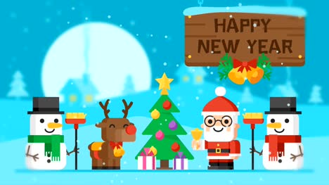 Feliz-año-nuevo-concepto-Santa-Claus-renos-muñecos-de-nieve-y-árbol-de-Navidad-del-lazo