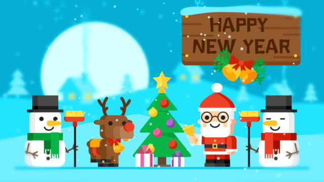 Happy-New-Year-Concept-Santa-Claus-Reindeer-Snowmen-and-Christmas-Tree