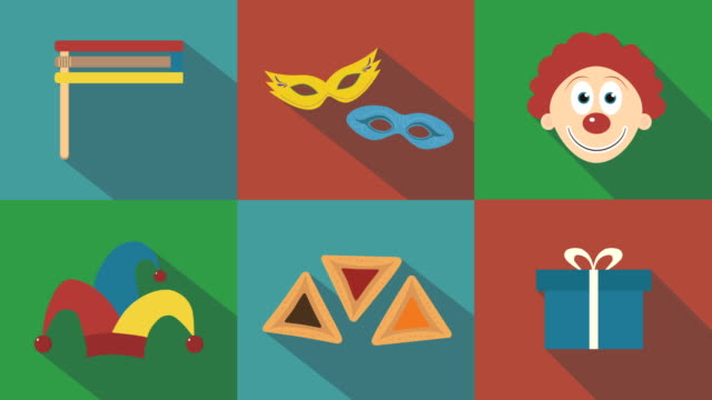 Fiesta-de-Purim-plana-diseño-de-conjunto-de-iconos-de-la-animación-con-símbolos-tradicionales