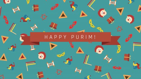 Fondo-de-animación-Purim-fiesta-diseño-plano-con-símbolos-tradicionales-y-texto-en-inglés
