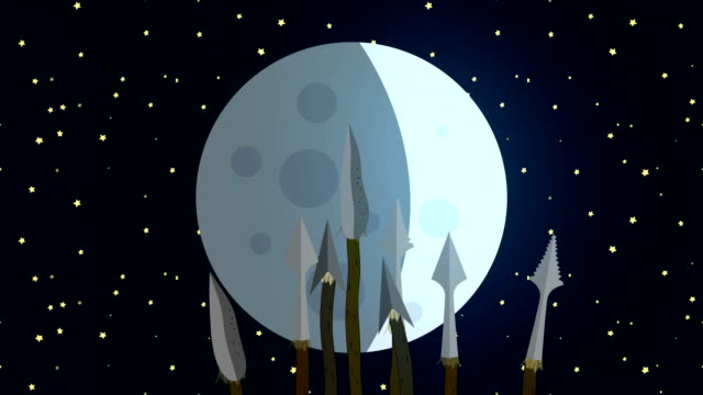 Primitiver-Stamm-winken-Speere-auf-den-Mond