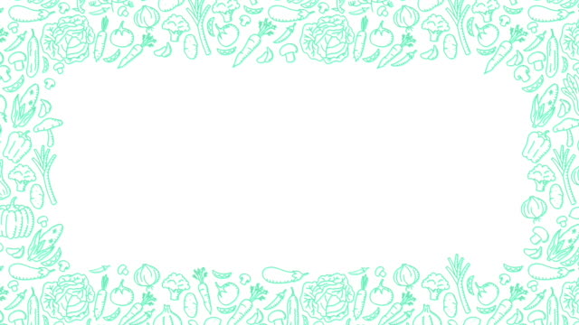 Gemüse-bewegte-Muster-grüne-Hintergrundfarbe,-Kinder-Handzeichnung-Konzept,-Design,-Illustration,-die-isoliert-auf-weißem-Hintergrund-nahtlose-Schleife-Animation-4K,-mit-Kopie-des-Rechenzentrums-Rechteck