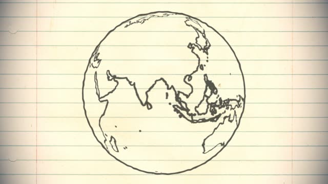 Erde-zeichnen-Papier-Cartoon-Hand-gezeichnete-Animation-drehenden-Globus-Welt-stiftschlaufe