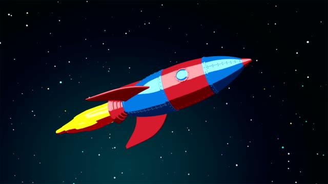Cohete-de-dibujos-animados-de-vuelo-en-el-espacio