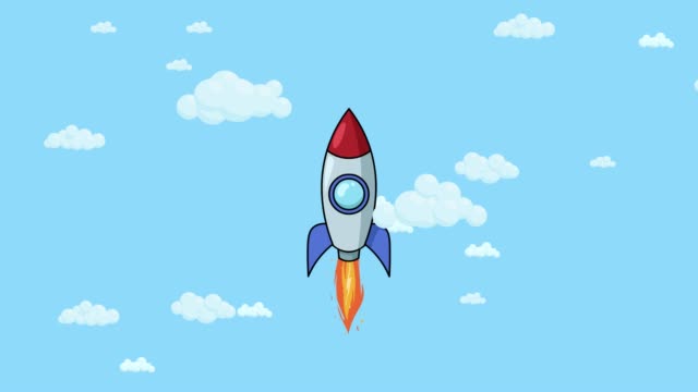 Cartoon-rocket-ship-flying-up-through-cloudy-sky.-Flat-animation