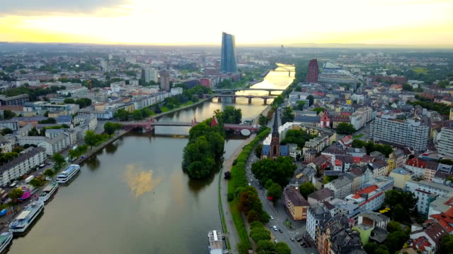 aerial-view-of--Frankfurt-city-with-river-and-skyscrapers-during-sunrise