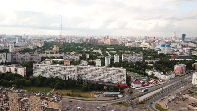 Moscow,-Russia.-Aerial-view-of-the-blocks-of-flats,-power-station-and-radio-tower