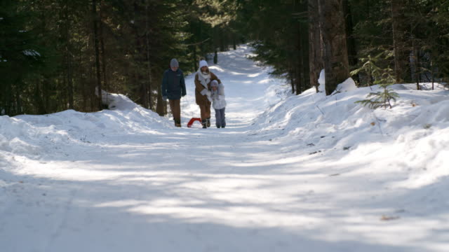 Madre-y-niños-caminando-en-bosque-del-invierno