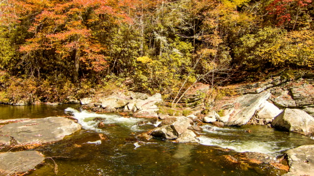 Corriente-de-agua-con-árboles-otoño-color-en-cataratas-Linville,-Carolina-del-Norte