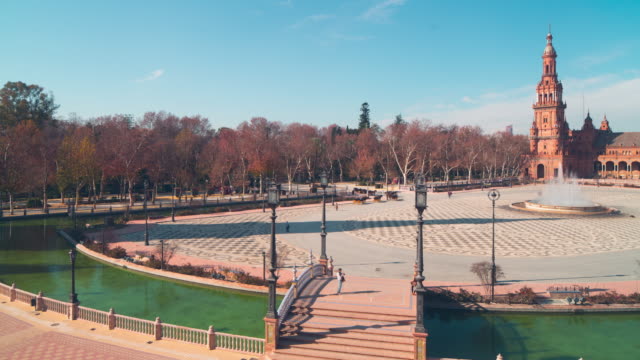 Sevilla-día-soleado-palacio-de-España,-balcón,-vista-panorámica-de-4-k-lapso-de-tiempo