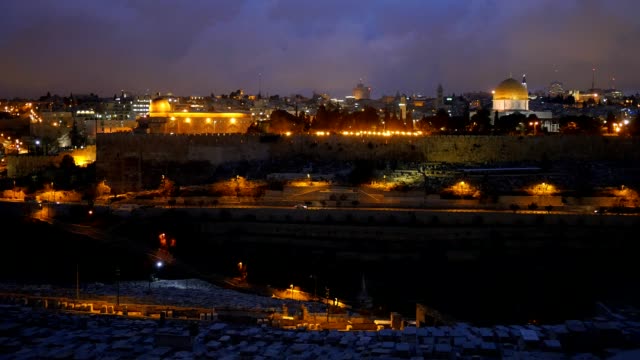 Vista-nocturna-de-la-ciudad-vieja-de-Jerusalén,-Israel