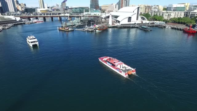 Aerial-footage-of-Ferry-in-Darling-Harbour-Sydney