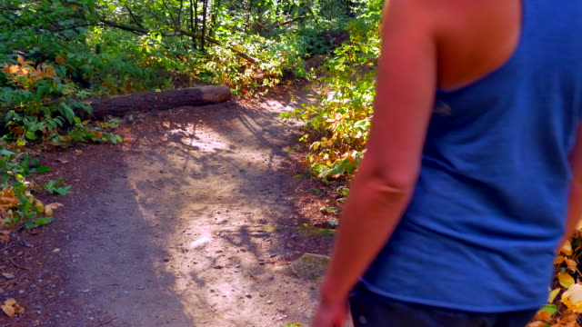 Mujer-activa-camina-por-sendero-del-bosque-hermoso,-paisaje-sanación-salud