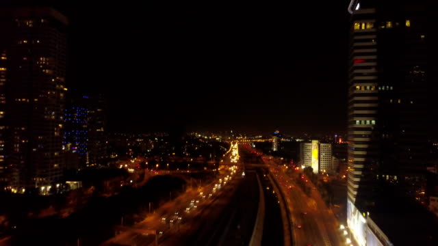 Tel-Aviv,-Israel,-Aerial-View-of-ayalon-highway-At-Night-tel-aviv-skyline