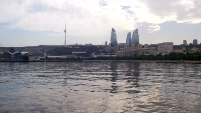 Landscape-view-of-the-embankment-of-Baku,-Azerbaijan,-the-Caspian-Sea,-skyscrapers-and-flaming-towers