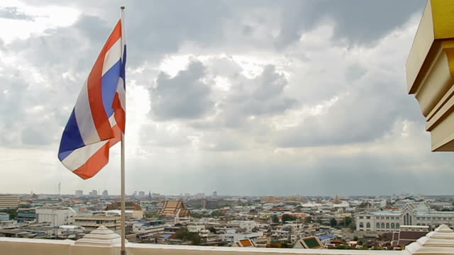 Thailand-state-flag-fluttering-in-the-wind-on-the-top-of-Wat-Saket-Golden-Mountain-.-Bangkok-panorama-view-on-background.-Thailand