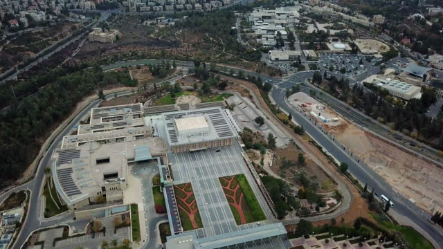 Aerial-close-up-shot-of-the-Knesset-(Israel's-parliment)-in-Jerusalem