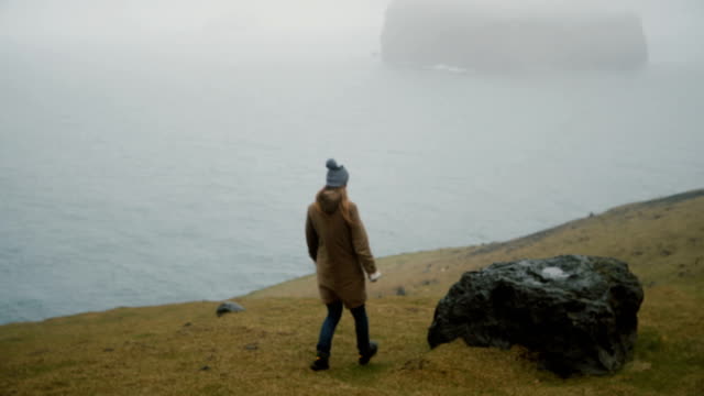 Vista-posterior-de-joven-caminando-por-la-orilla-del-mar-y-de-pensamiento,-explorando-la-naturaleza-de-Islandia