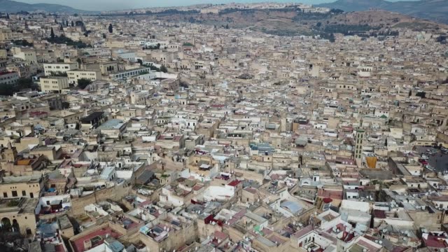 Aerial-panorama-of-old-Medina-in-Fes,-Morocco