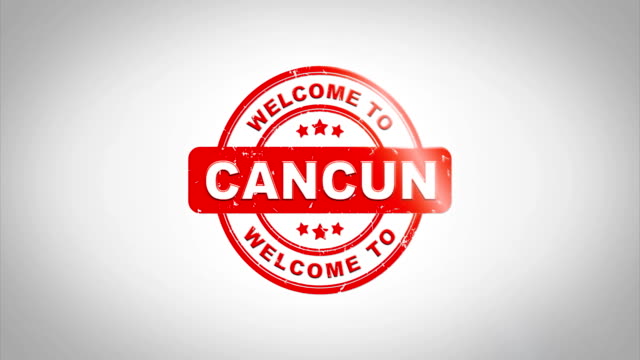 Welcome-to-CANCUN-Signed-Stamping-Text-Wooden-Stamp-Animation.-Red-Ink-on-Clean-White-Paper-Surface-Background-with-Green-matte-Background-Included.