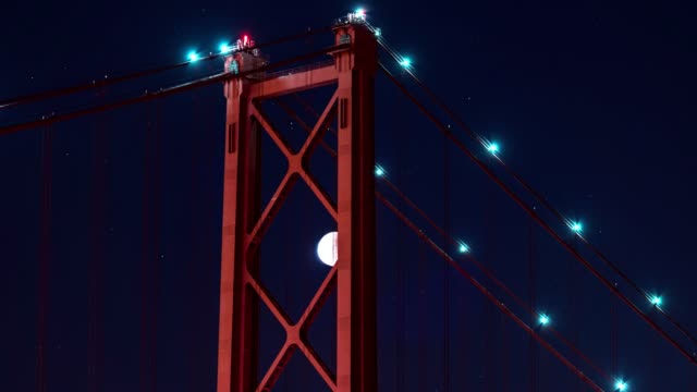 Timelapse-of-Lunar-Eclipse-with-blood-moon-on-Ponte-25-de-Abril-bridge-tower-at-night