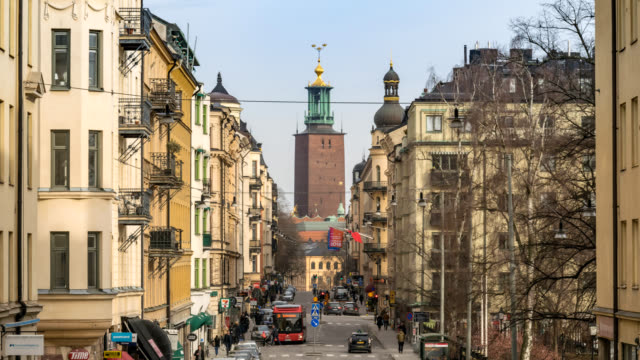 Stockholm-Sweden-time-lapse-4K,-city-skyline-timelapse-at-City-Hall-Bell-Tower