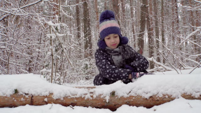 Chica-limpia-nieve-de-un-tronco-en-el-bosque