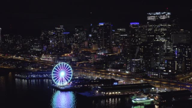 Aerial-drone-footage-of-Seattle-at-night